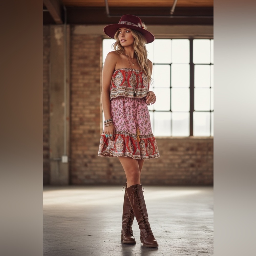 Aakaa Boho Floral Print Tassel Ruffle Strapless Mini Summer Dress